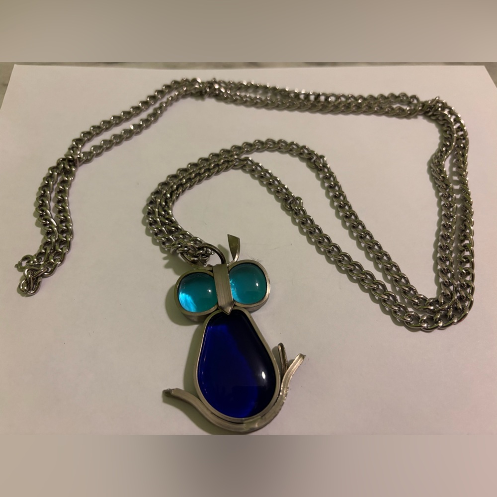 Owl Glass Blue and Silver Long Pendant Necklace